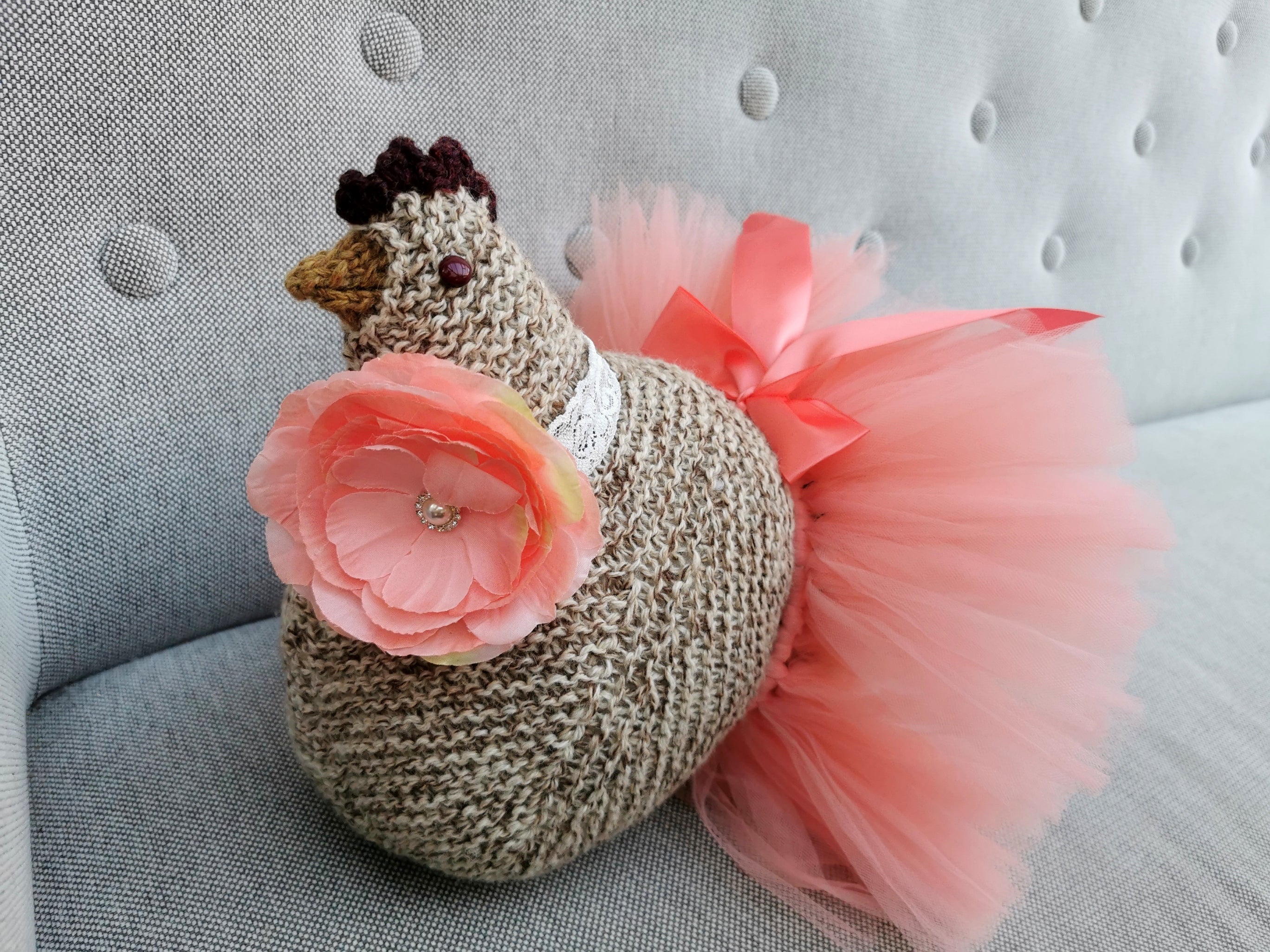 hand knitted emotion support chicken