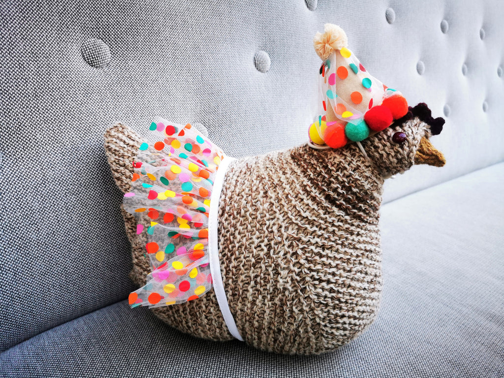 hand knitted emotion support chicken